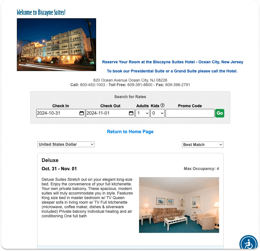 The booking engine page for a hotels website.