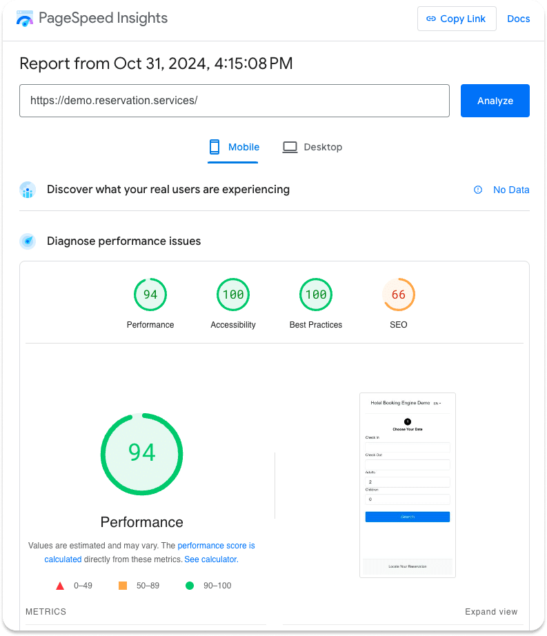 Google Page Speed Report measuring Booking Engine performance